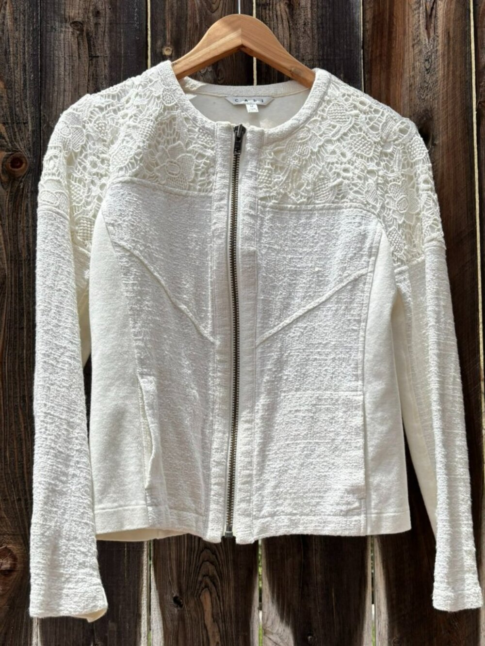CAbi Cream Lace-Overlay Trim Zip Front Blazer Moto Jacket Medium - Picture 5 of 13